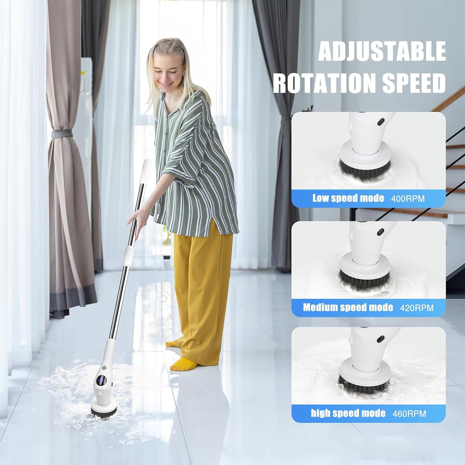 SpinWell Pro cleaning a tile floor, with adjustable rotation speed settings shown